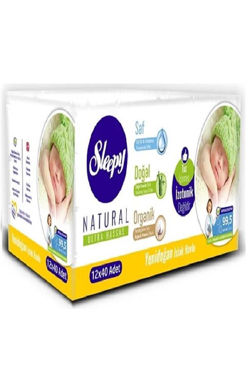 Sleepy Yenidoğan Natural Islak Havlu Pamuklu Mendil Kapaklı 40 Lı 12 Paket 480 Yaprak