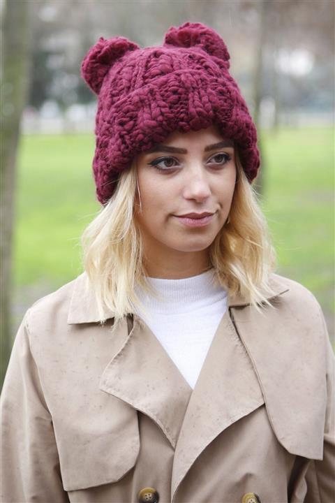 Bay Şapkacı Bordo Çift Ponponlu Bere