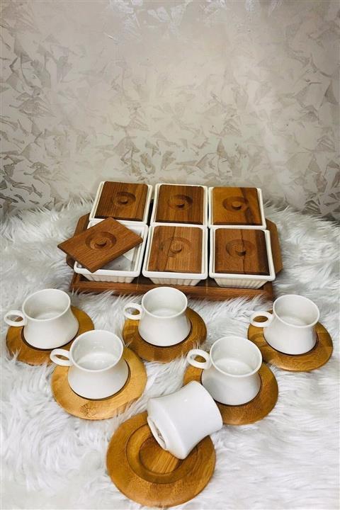 PAÇİ PORSELEN Bambu Set 25 Parça Porselen Fincan Tk. & Ahşap Kahvaltılık