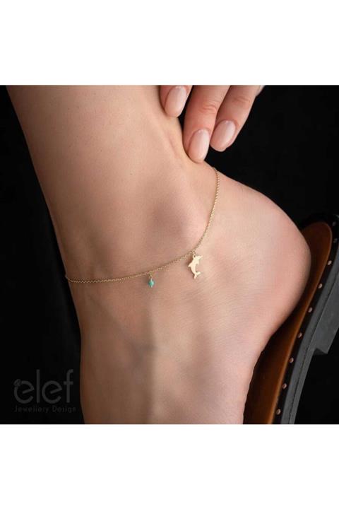 ELEF JEWELLERY Firuze Boncuklu Yunus Figürlü Altın Halhal 14 Ayar