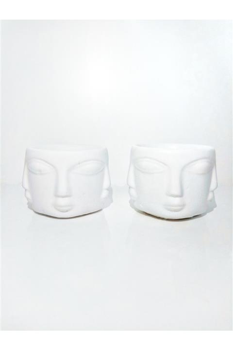 Mixed store Ikili Suratlı Dekoratif Alçı Saksı Beyaz