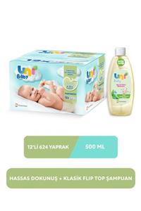 Uni Baby Hassas Dokunuş Islak Mendil 12'li 624 Yaprak +Şampuan 500 ml Set