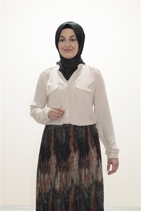 Zey&Ka Butik Kadın Bej Krep Kumaş Etek Üstü Bluz