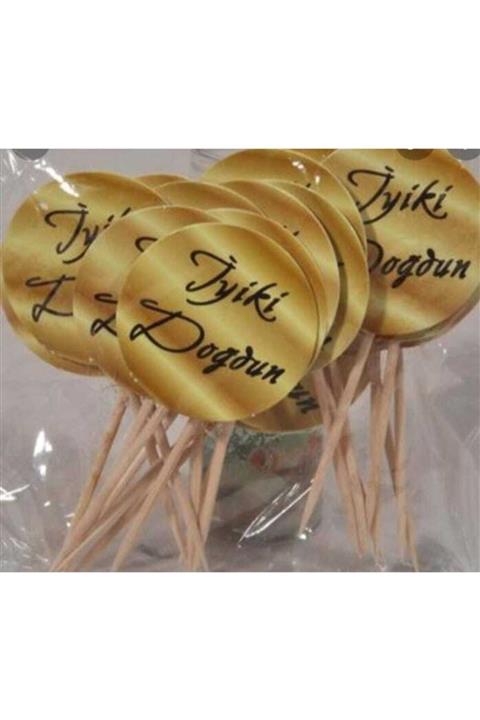 Dipak Gold Renk Siyah Yazılı Iyiki Doğdun Yazılı Pasta Üstü Kürdan 20 Adet