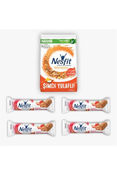 Nestle Nesfit Karışık Meyveli Kahvaltılık Gevrek 400 Gr + Nesfit Çilekli Bar 24 Gr 4'lü