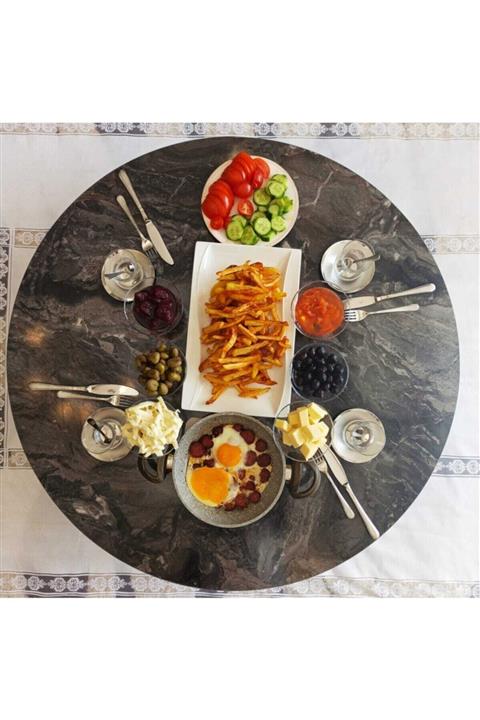 HOMEBELLA 90 Cm Siyah Mermer Katlanabilir Kilit Sistemli Çelik Ayaklı Yer Sofrası,yemek Masası Sehpa