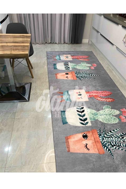 Otantik Home Kaymaz Dot Taban Sevimli Kaktüs Desenli Gri Halı Mutfak Halısı Makinada Yıkanabilir Yolluk-sf1027