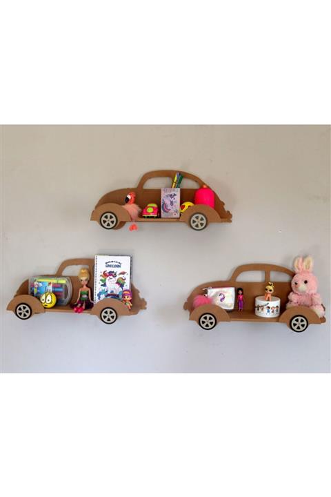 madelloon Çocuk Oyuncak Araba Montessori 3 Lü Ahşap Kitaplık Raf Terek Dekor Duvar Süsü
