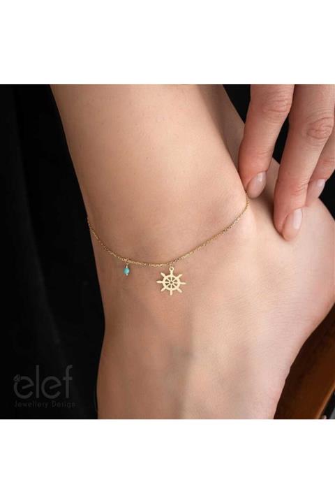 ELEF JEWELLERY Firuze Boncuklu Dümen Figürlü Altın Halhal  14 Ayar