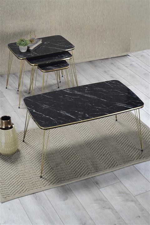 Fancy Siyah Mermer Desenli Çift Kenar Gold Metal Ayaklı Orta Sehpa Ve 3'lü Zigon Sehpa Set