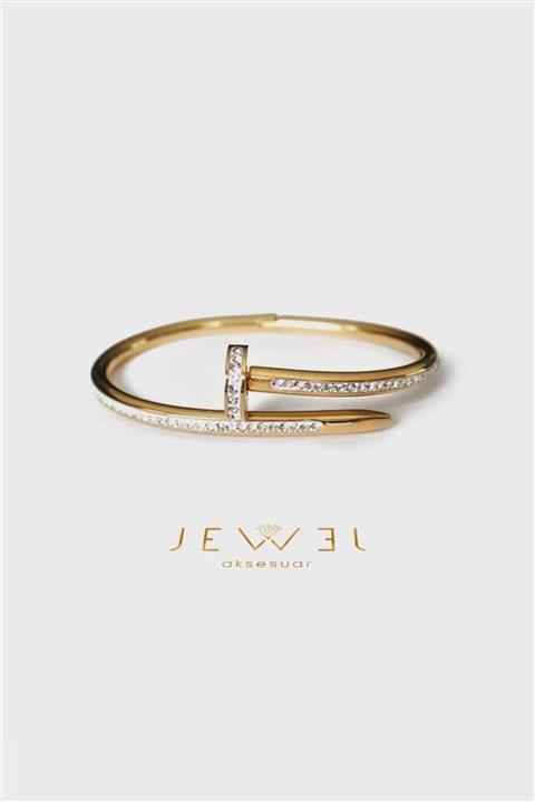 Jewel Çivi Model Taşlı Gold Altın Kaplama Bileklik