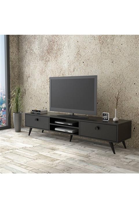 Robin Home Arya Tv Ünitesi Tv Sehpası Ahşap Ayak 2 Çekmece Siyah