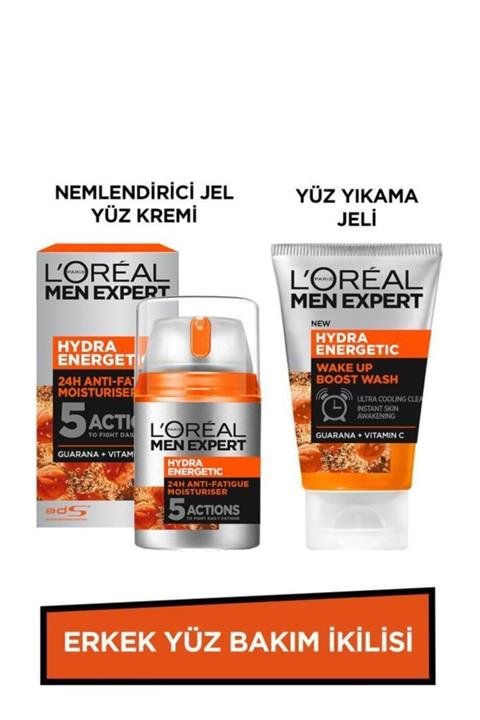 L'Oreal Paris Men Expert Erkek Yüz Bakım İkilisi Hydra Energetic Yüz Yıkama Jeli 100 ml + Nemlendirici Jel Yüz Kremi 50 ml