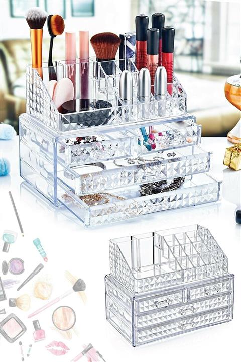 inteklife Diamond Akrilik Lüx 4 Çekmeceli Full Makyaj Organizeri Düzenleyici