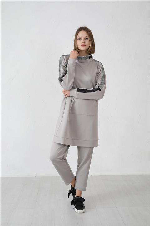 Moodbasic Fileli Varak Detaylı Takım Gri