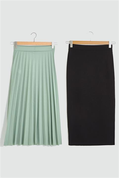 Essah Moda Kadın Siyah Kalem - Mint Yeşil Piliseli Uzun Etek