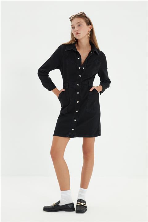 TRENDYOLMİLLA Siyah Dikiş Detaylı Denim Elbise TWOAW21EL1423