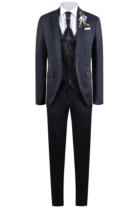 YSF Giyim Erkek Slim Fit Çıkma Şal Yaka Yelekli Damatlık 8022