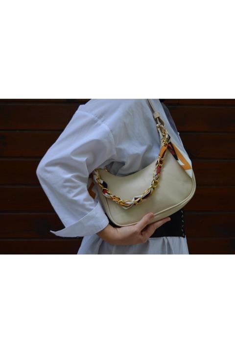 Docy Bianca Kadın Zincir Askılı Fularlı Şık Sade Omuz Çantası Krem