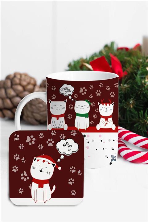 Flipped Yılbaşı Sevimli Kediler Bardak Altlıklı Tasarım Kupa