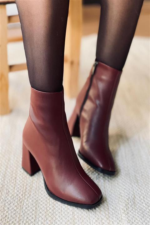 Mida Shoes Bordo Deri Fermuarlı Kadın Bot