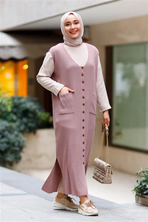 iema Kadın Gül Renk Önü Düğmeli Uzun Triko Jile Yelek