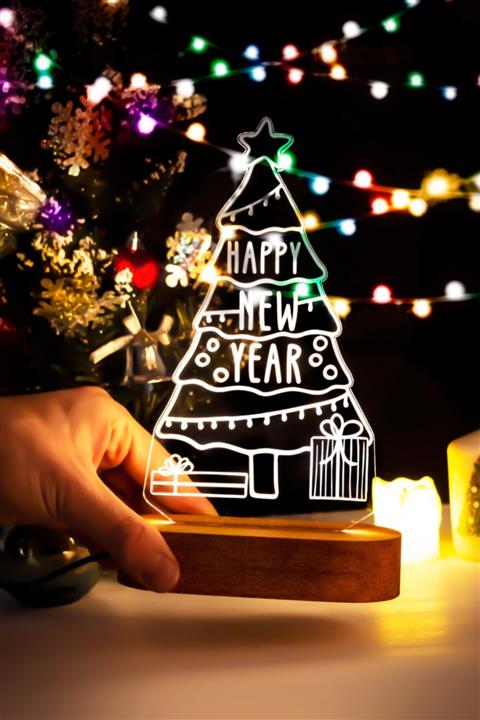 Hediyesepeti Yılbaşı Ağacı Happy New Year 3 Boyutlu Led Lamba - 3d led Gece Lambası - Hediye Masa Lambası