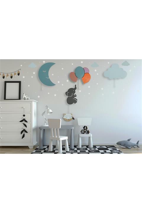 tinytigerstore Fil Balon Gülen Ay Bulut Çocuk Odası Dekoratif Aydınlatma 4 Lü Set