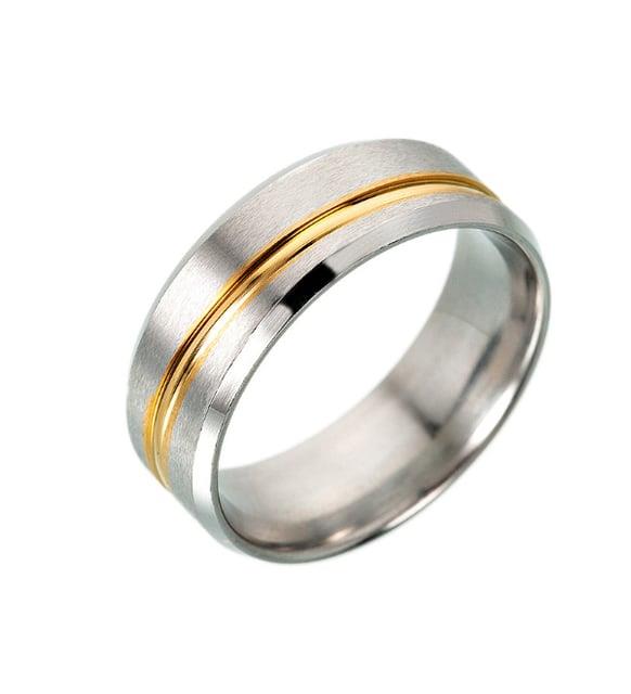 Chavin Gri Sarı Çizgili Bayan Erkek Çelik Yüzük Alyans Ec45bysr