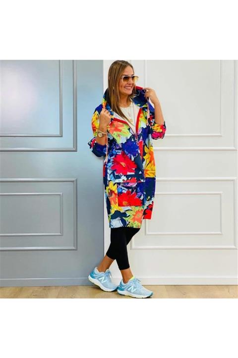 See You Çiçek Desenli Su Geçirmez Kapişonlu Ve Cepli Yağmurluk Modeli