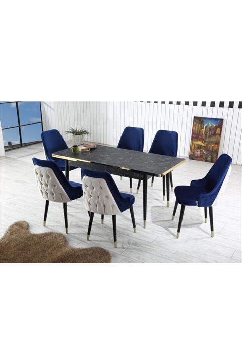 Ervo Merry Lacivert-krem Salon Mutfak Yemek Masa Takımı 6 Sandalyeli (gold Detay)