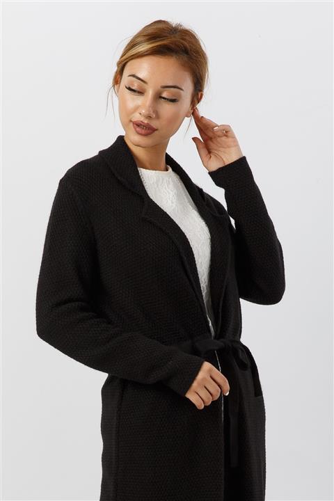 FTZ Beli Bağcıklı Uzun Hırka - Siyah