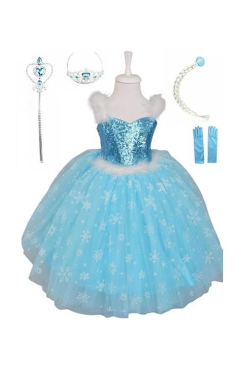 BUTİKHAPPYKİDS Kız Çocuk Elsa Kostümü Mavi Askılı Kasnaklı Taç Asa Saç Eldiven Hediyeli