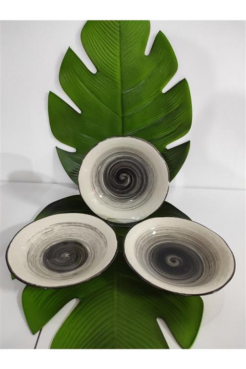 MorzaPazarı Porselen El Işlemeli Çukur Tabak 3 Lü Fırça Dekor Siyah (çap:19cm Yuk:5cm)