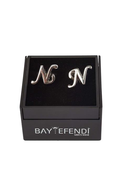 BAYEFENDİ Harfli Gümüş Renk Kol Düğmesi N Harfi