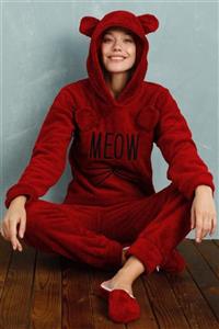 PİJAMAWOME Kadın Bordo Meow Kışlık Peluş Pijama Takımı