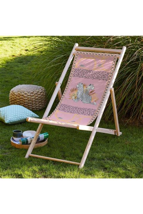 Adawall Pembe Leopar Tasarımlı Katlanabilir Şezlong