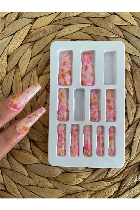 SYBELLE KOZMETİK 12 Adet Turuncu Ve Pembe Desenli Balerin Takma Tırnak