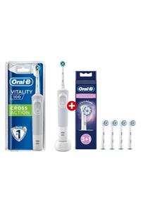 OralB D100 Vitality Cross Action Beyaz Elektrikli Diş Fırçası + Oral- B Sensitive Clean 3+1 Yedek B