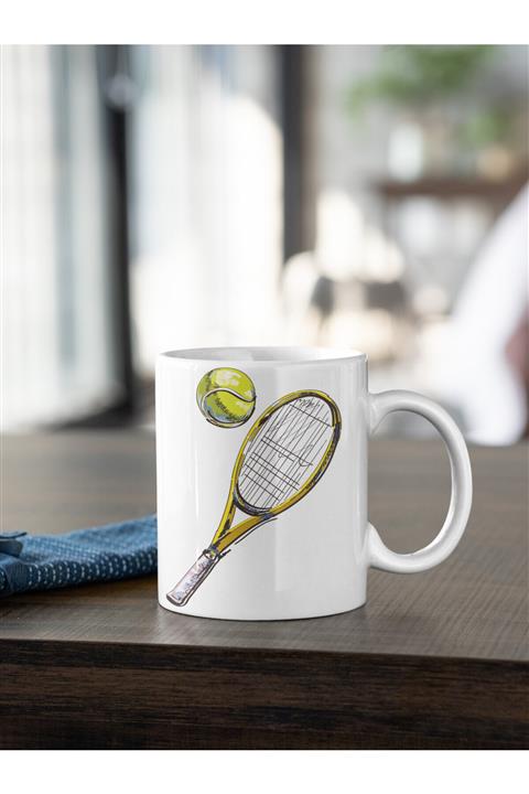 Kio Tasarım Tenis Serisi 2 Raket Ve Top Baskılı Kupa Beyaz Porselen Kahve Çay Yeni Yıl Yılbaşı Hediyesi Mug