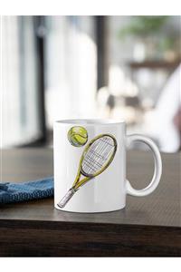 Kio Tasarım Tenis Serisi 2 Raket Ve Top Baskılı Kupa Beyaz Porselen Kahve Çay Yeni Yıl Yılbaşı Hediyesi Mug