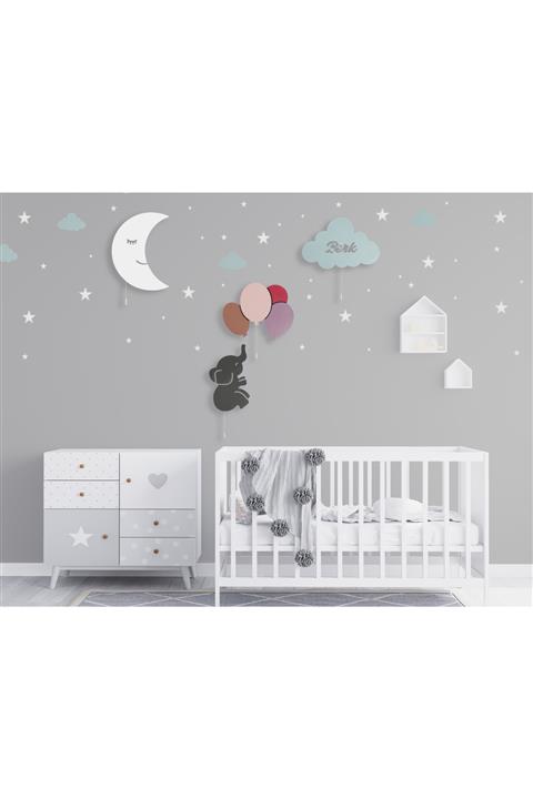 tinytigerstore 4 Lü Set Fil Balon-gülen Ay-oyma Isim Bulut,çocuk Odası Dekoratif Aydınlatma