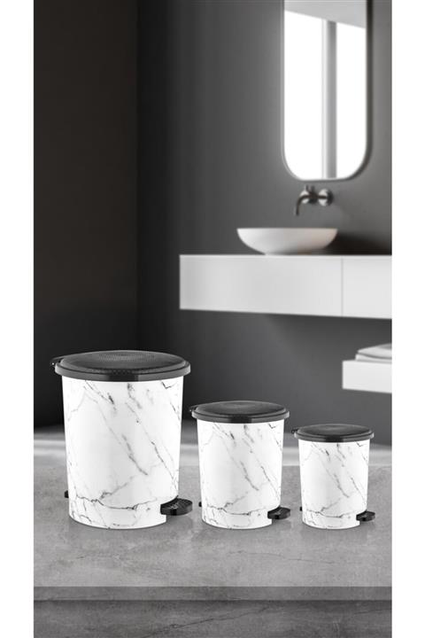 Sas Pedallı Çöp Kovası Banyo Mutfak Her Eve Lazım 3'lü Set 20-12-8 lt Beyaz Mermer Desen