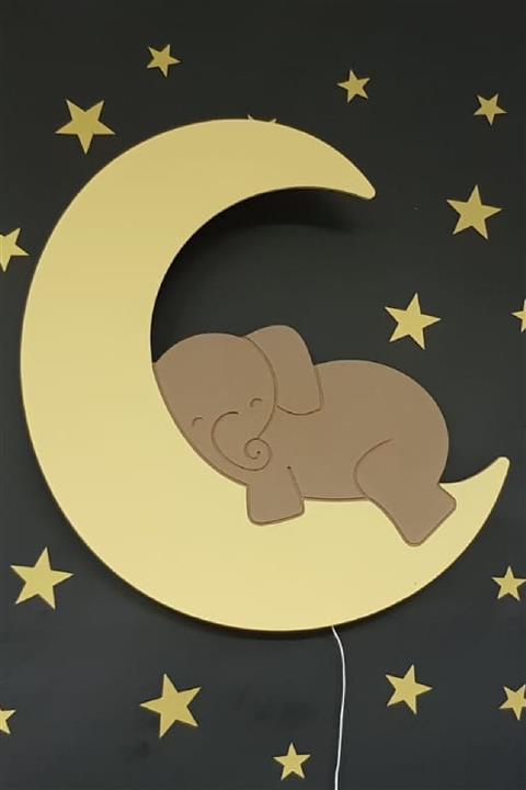 BugyBagy Sarı Ay Üzerinde Uyuyan Fil Dekoratif Duvar Aydınlatma