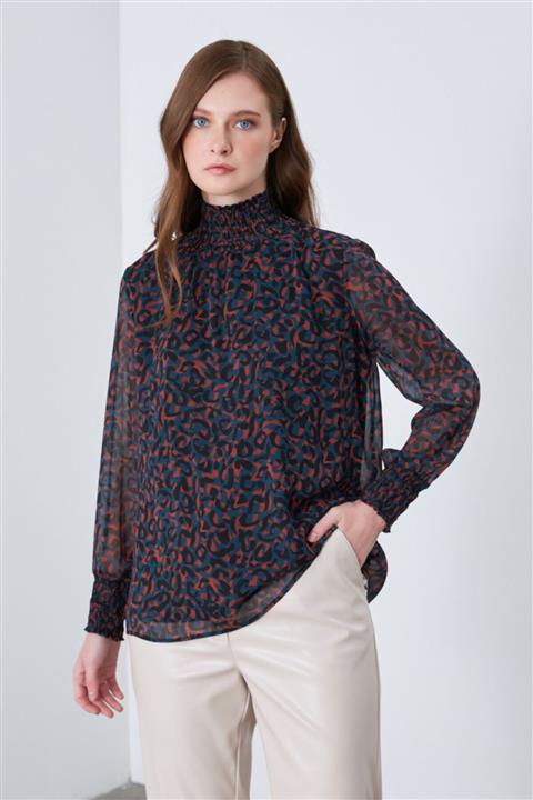 Gusto Dik Yakalı Desenli Bluz - Kiremit