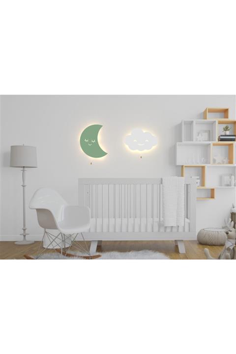 woodcas Çocuk Odası Dekoratif Yeşil Aydede Ve Bulut Gece Lambası Seti Led Aydınlatma