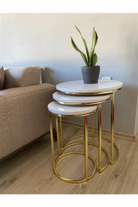 MARSEHPA Zigon Sehpa 3'lü Parlak Gold Ayak Mdf Tabla Beyaz