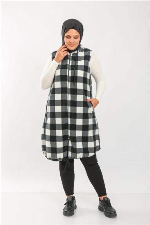 Modakenti Büyük Beden Kapşonlu Fermuarlı Uzun Polar Yelek  Siyah Ekose