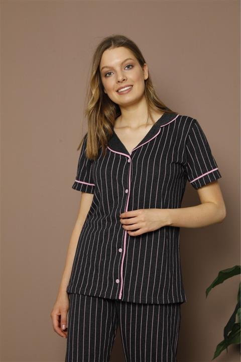 pijamacity Kadın Gri Çizgili Kısa Kol Pijama Takımı