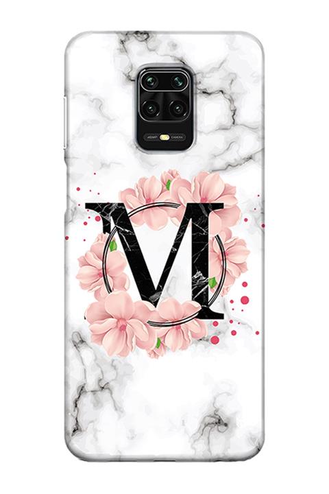 Escover Aksesuar Xiaomi Redmi Note 9s Mermer Ve Çiçek Desenli M Harfli Şeffaf Silikon Telefon Kılıfı
